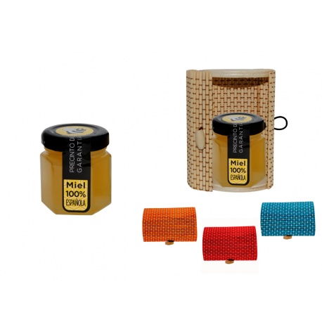 Bote de miel en caja de mimbre para detalles de boda 60gr
