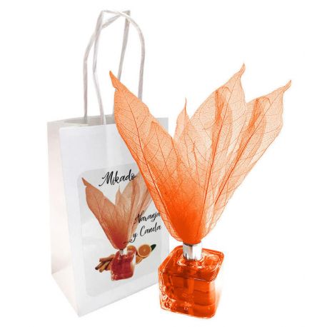 Ambientador tipo Mikado olor Naranja y Canela con flor, incluye bolsa