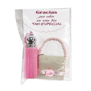 Perfumero rosa con broche bolso en bolsa 
